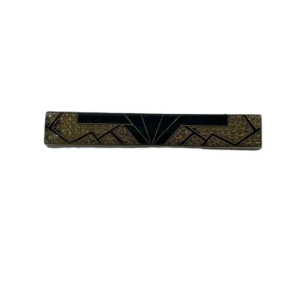 VTG Art‎ Deco Geometric Black Gold Tone Enamel Bar Pin Brooch